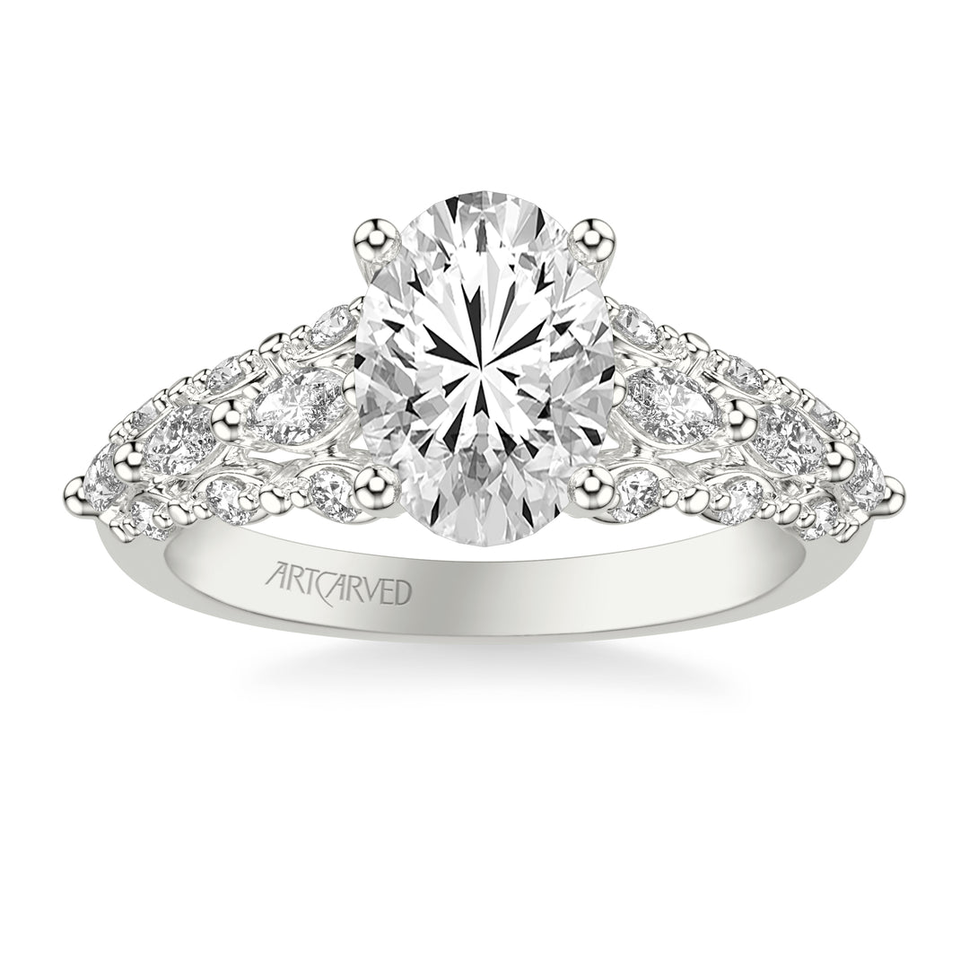 Classic Engagement Ring with Cathedral Shank and Graduated Triple Row Prong Set Round and Marquise Diamond Shank.  Center Stone is not included.