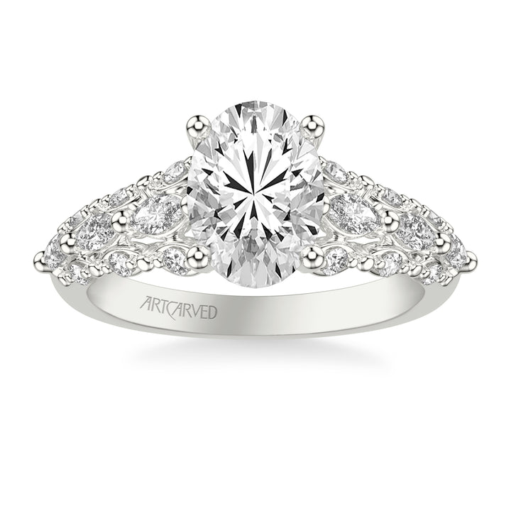 Classic Engagement Ring with Cathedral Shank and Graduated Triple Row Prong Set Round and Marquise Diamond Shank.  Center Stone is not included.