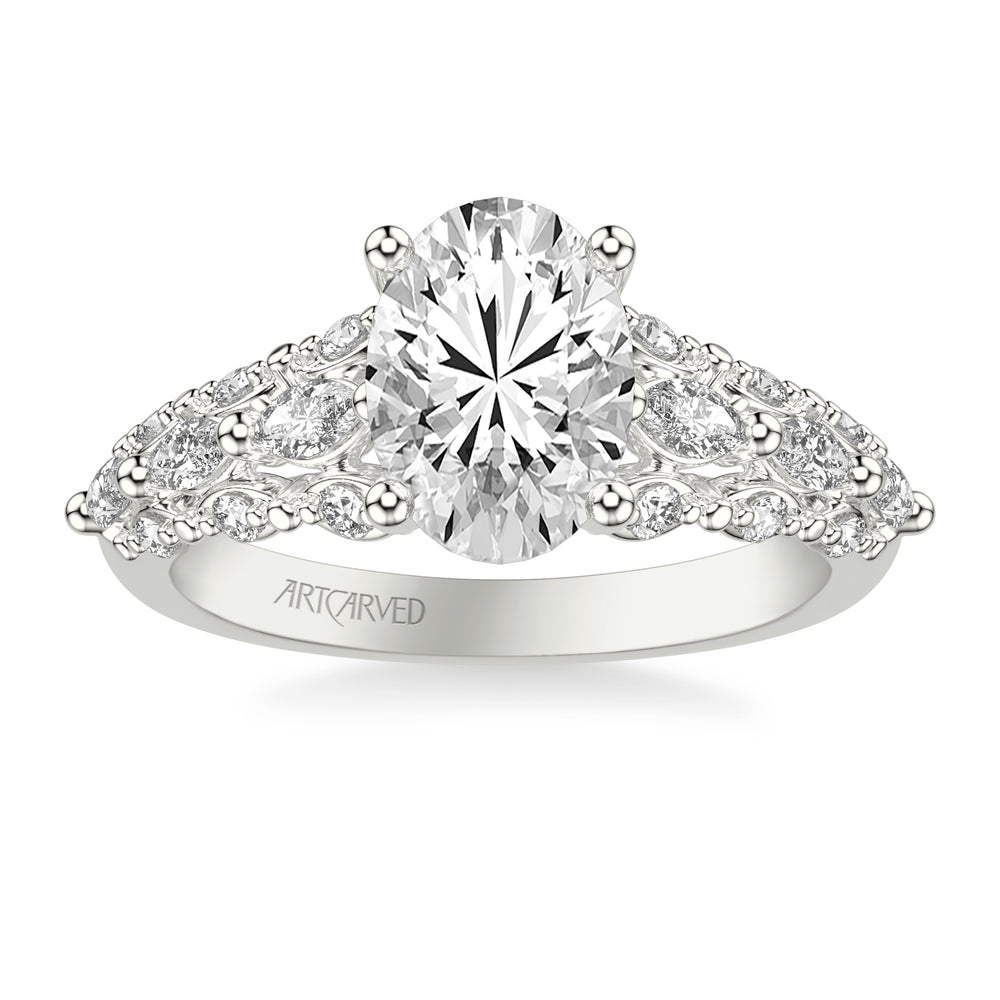 Classic Engagement Ring with Cathedral Shank and Graduated Triple Row Prong Set Round and Marquise Diamond Shank.  Center Stone is not included.