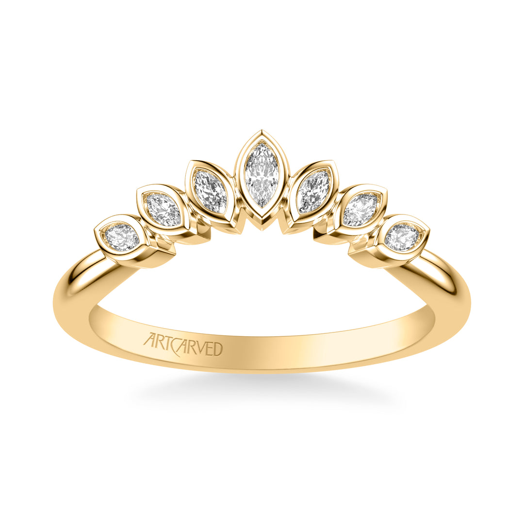 Floral Curved Wedding Band with Bezel Set Marquise Diamonds and Polished Band