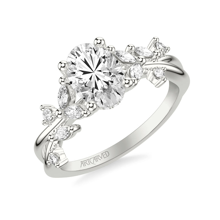 Floral Engagement Ring with Prong Set Marquise and Round Diamond Accents and Twisted Polished Shank