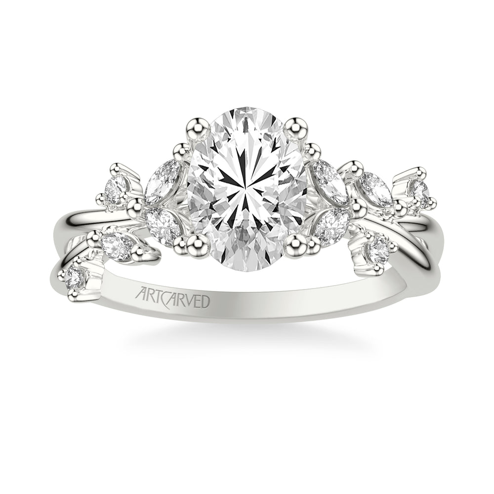 31-V1082-E - ARTCARVED - Floral Engagement Ring with Prong Set Marquise and Round Diamond Accents and Twisted Polished Shank