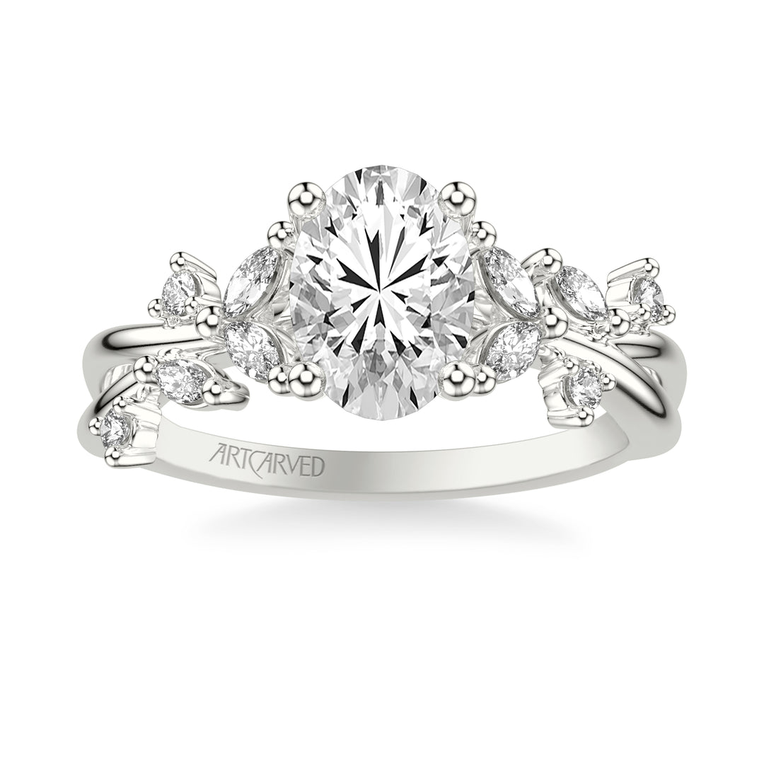31-V1082-E - ARTCARVED - Floral Engagement Ring with Prong Set Marquise and Round Diamond Accents and Twisted Polished Shank