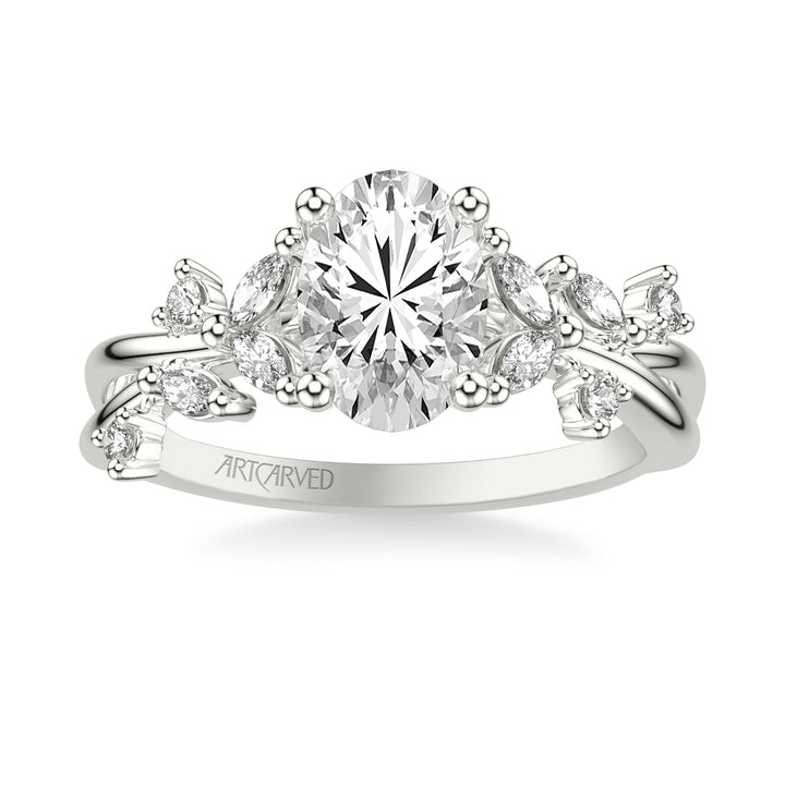 31-V1082-E - ARTCARVED - Floral Engagement Ring with Prong Set Marquise and Round Diamond Accents and Twisted Polished Shank