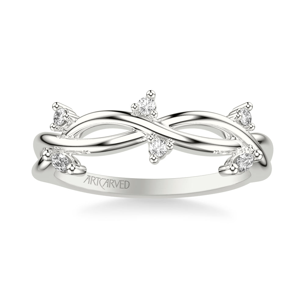 31-V1082-L - ARTCARVED - Floral Wedding Band with Floating Prong Set Marquise and Round Diamond Accents and Twisted Polished Shank