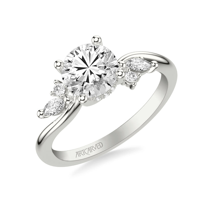 31-V1083-E - ARTCARVED - Floral Engagement Ring with Prong Set Marquise and Round Diamond Accents and Bypass Polished Shank