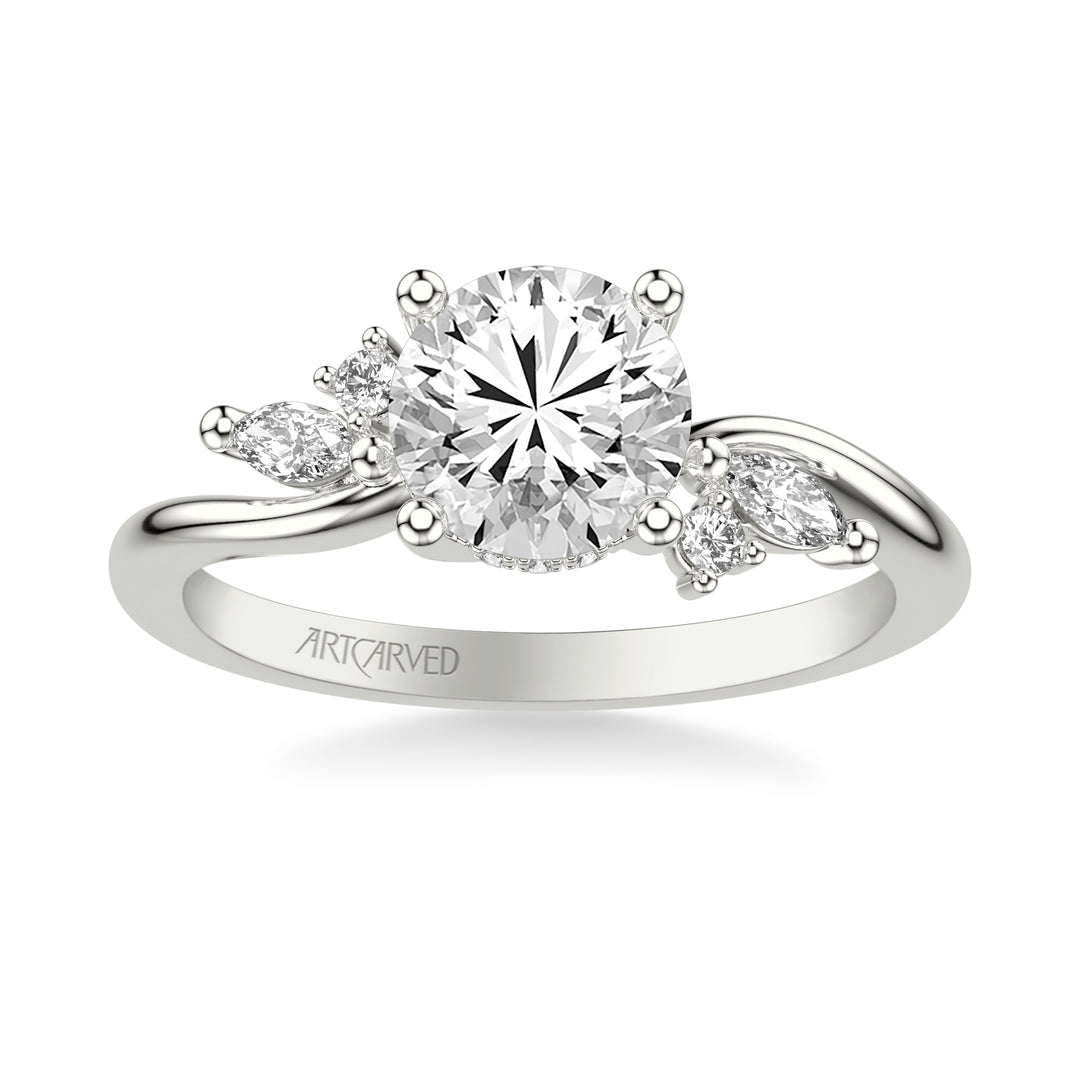 31-V1083-E - ARTCARVED - Floral Engagement Ring with Prong Set Marquise and Round Diamond Accents and Bypass Polished Shank