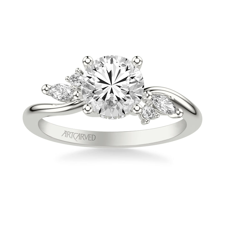 31-V1083-E - ARTCARVED - Floral Engagement Ring with Prong Set Marquise and Round Diamond Accents and Bypass Polished Shank