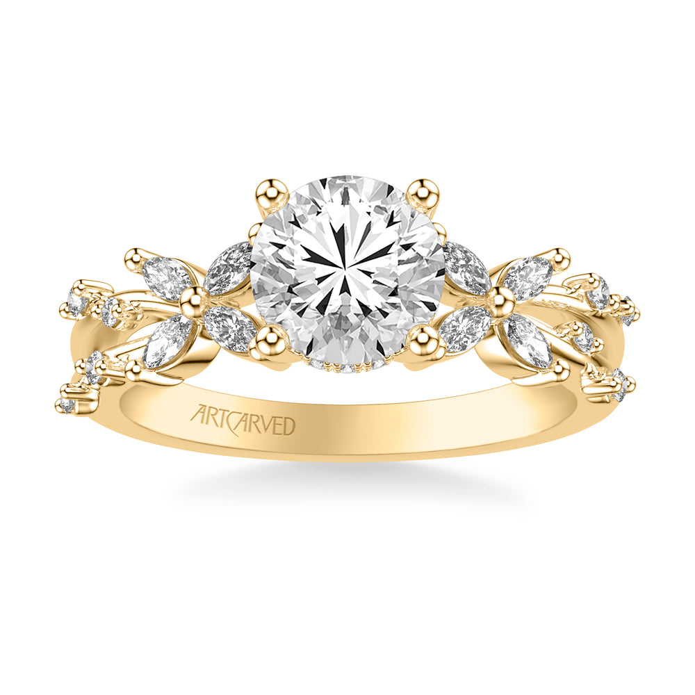 31-V1085-E - ARTCARVED - Floral Engagement Ring with Prong Set Marquise Diamond Petal Accents and Polished Bypass Shank