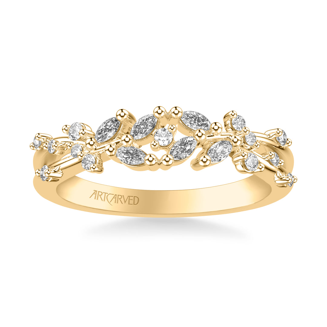 31-V1085Y-L.00 - ARTCARVED - Floral Wedding Band with Prong Set Marquise Diamond Petal Accents and Polished Bypass