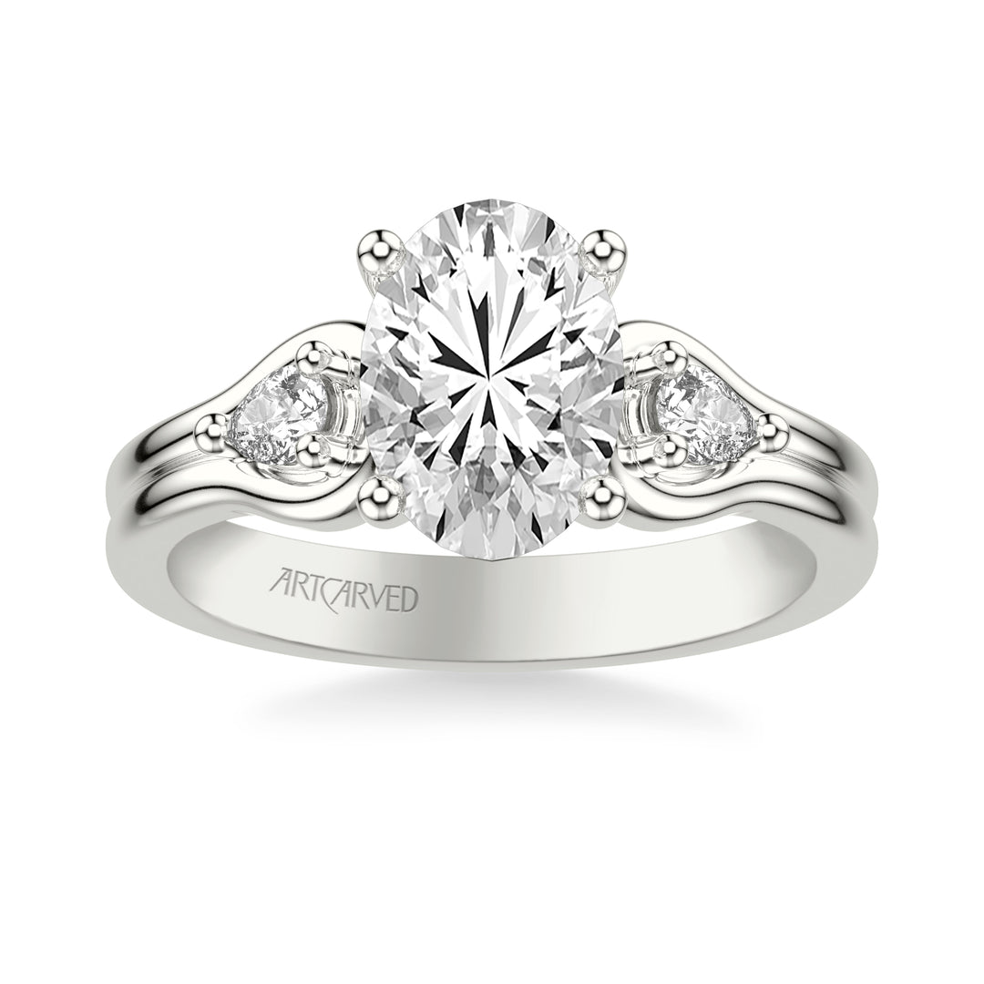 31-V1087-E - ARTCARVED - Classic Three-Stone Engagement Ring with Pear Side Stones and Double Row Polished Shank