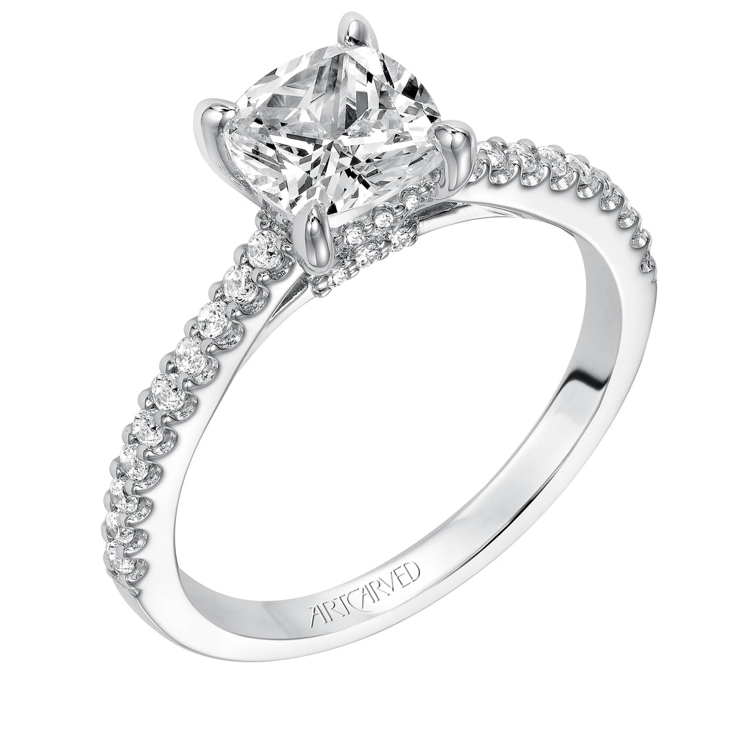 31-V574-E - ARTCARVED - Willa, Classic prong set diamond engagement ring with diamond detailed crown and bridge with diamond accented shank