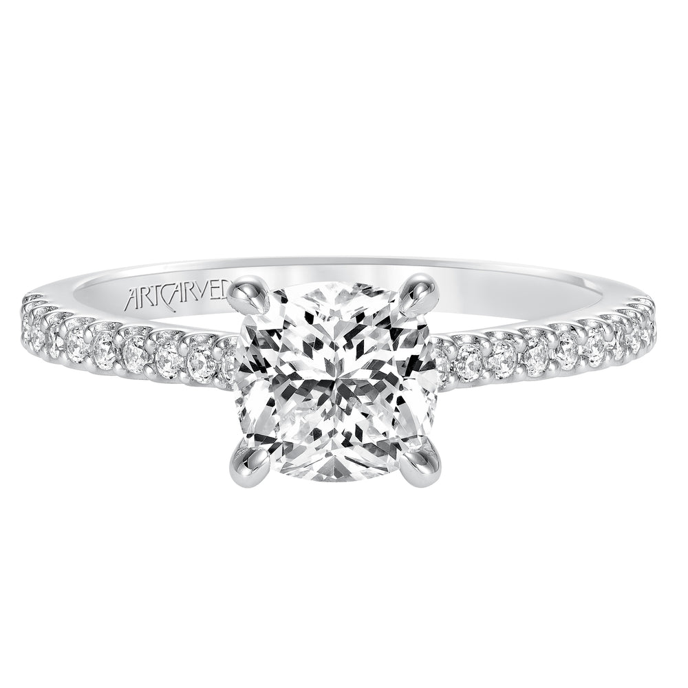Willa, Classic prong set diamond engagement ring with diamond detailed crown and bridge with diamond accented shank