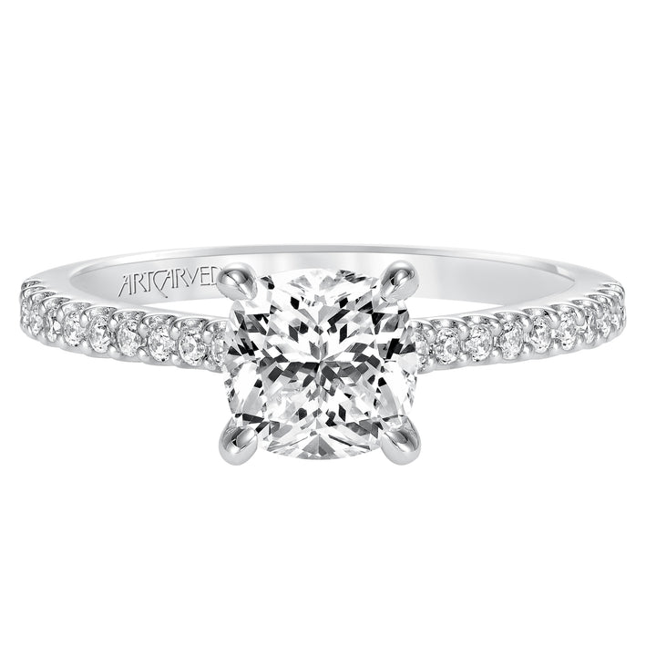 Willa, Classic prong set diamond engagement ring with diamond detailed crown and bridge with diamond accented shank