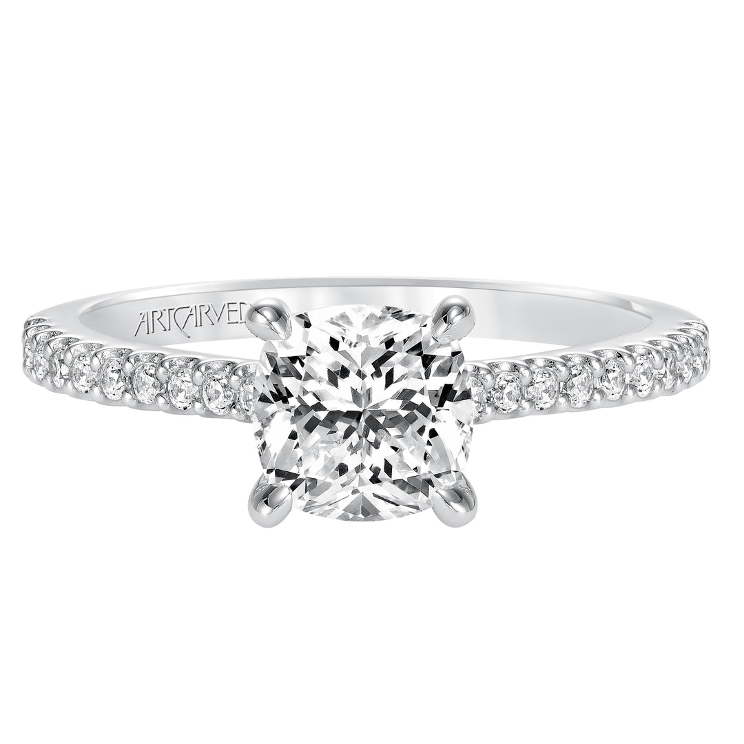 31-V574-E - ARTCARVED - Willa, Classic prong set diamond engagement ring with diamond detailed crown and bridge with diamond accented shank