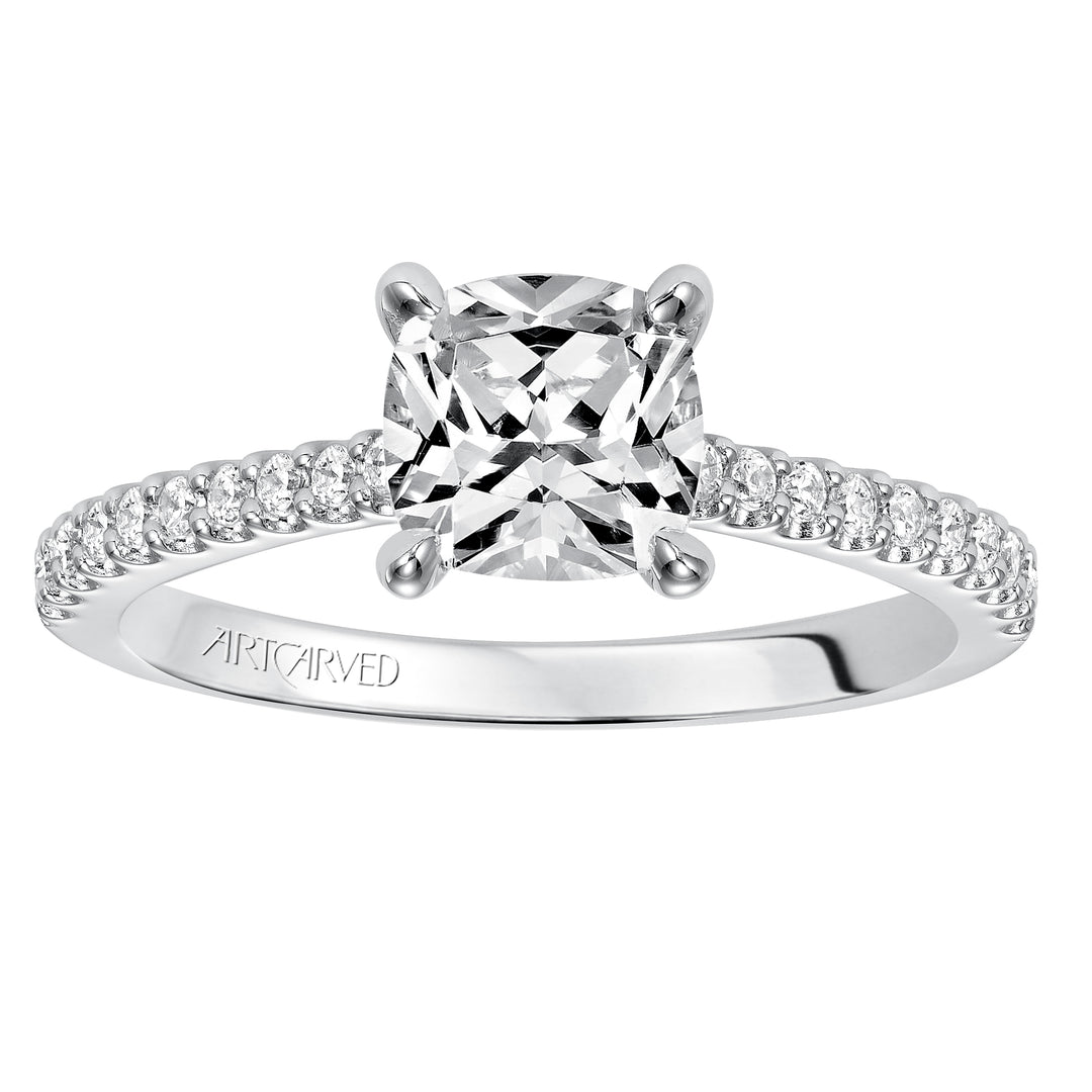 Willa, Classic prong set diamond engagement ring with diamond detailed crown and bridge with diamond accented shank.  Center Stone is not included.