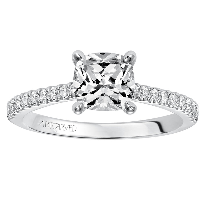 Willa, Classic prong set diamond engagement ring with diamond detailed crown and bridge with diamond accented shank.  Center Stone is not included.