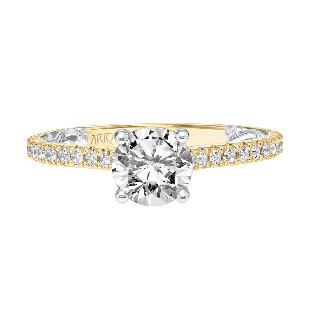 Lyric Engagement Ring with Inner Carved details and Diamond Shank.  Center Stone is not included.