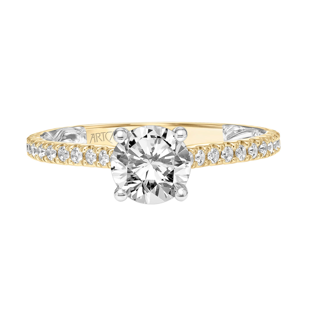 Lyric Engagement Ring with Inner Carved details and Diamond Shank.  Center Stone is not included.
