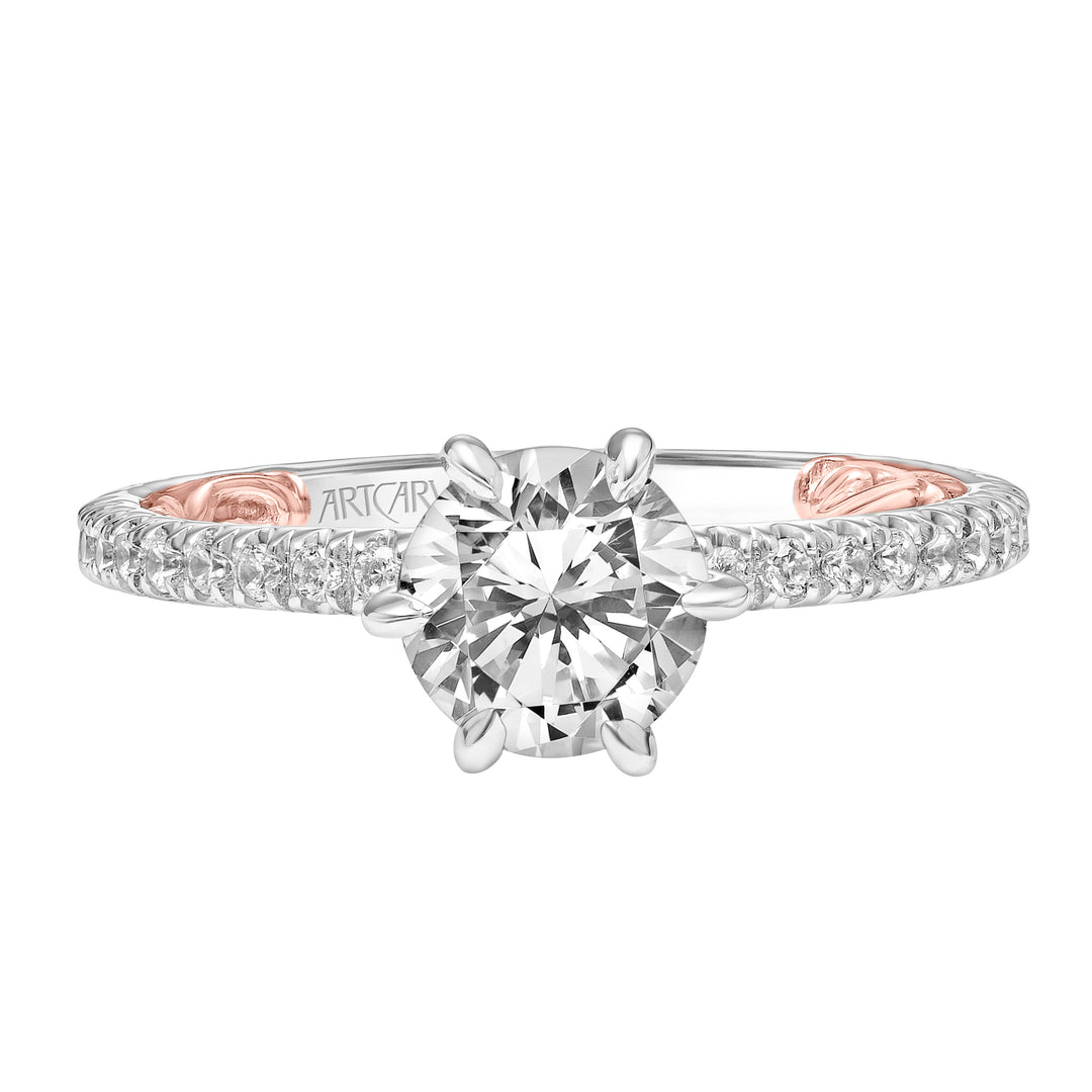 31-V909-E - ARTCARVED - Lyric Engagement Ring with Six Prong Setting and Inner Carved details and Diamond Shank