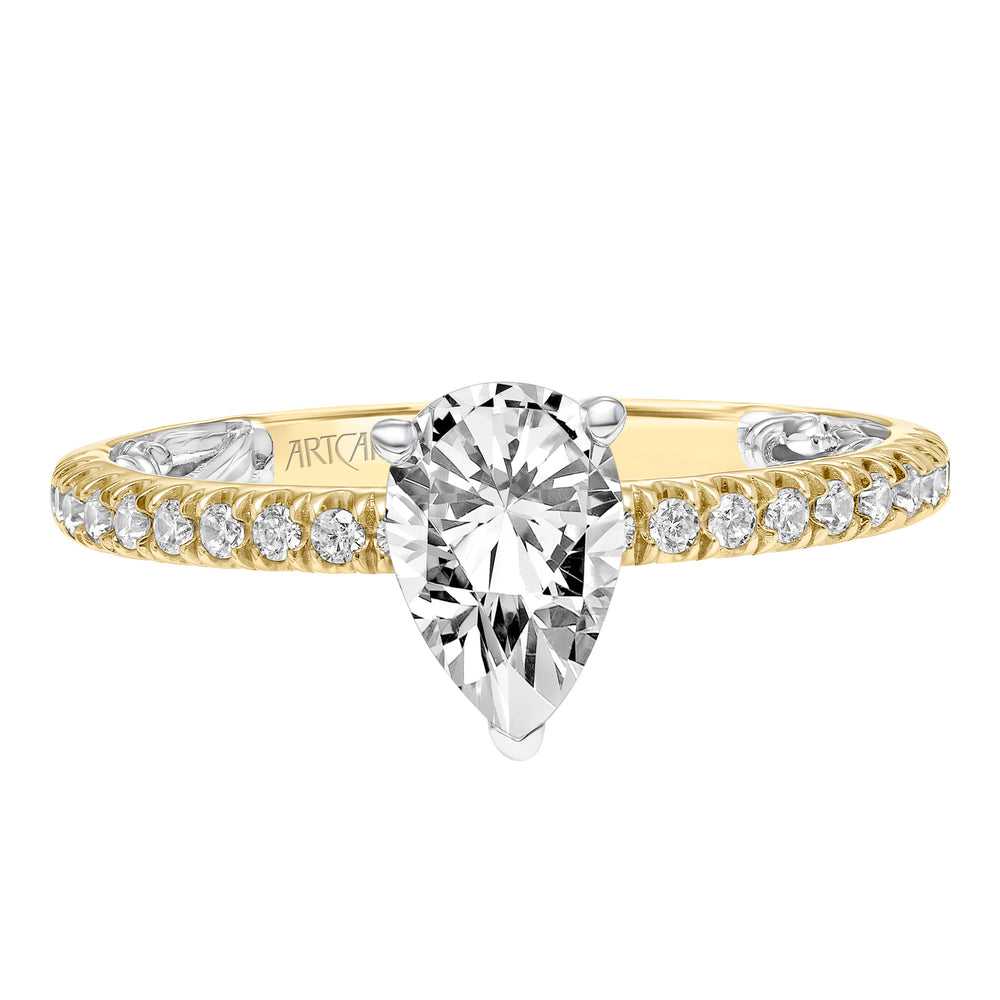 Lyric Engagement Ring with  Inner Carved details and Diamond Shank.  Center Stone is not included.