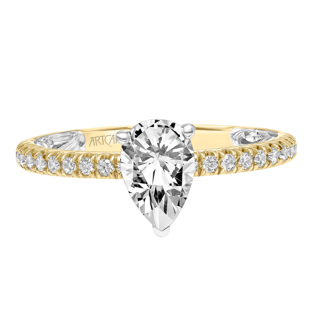 Lyric Engagement Ring with  Inner Carved details and Diamond Shank.  Center Stone is not included.