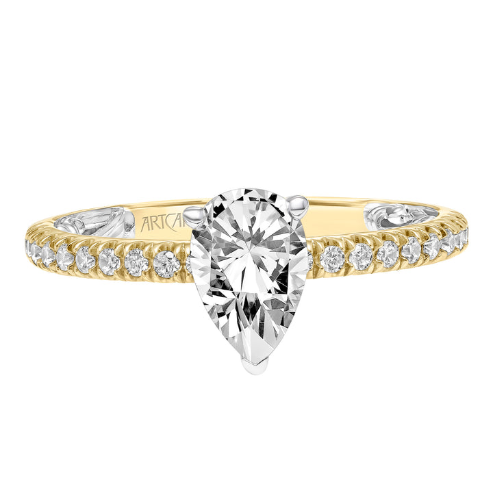 Lyric Engagement Ring with  Inner Carved details and Diamond Shank.  Center Stone is not included.