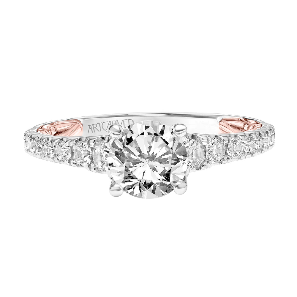 Lyric Engagement Ring with Diamond Accent basket and Inner Carved details and Graduated Diamond Shank.  Center Stone is not included.