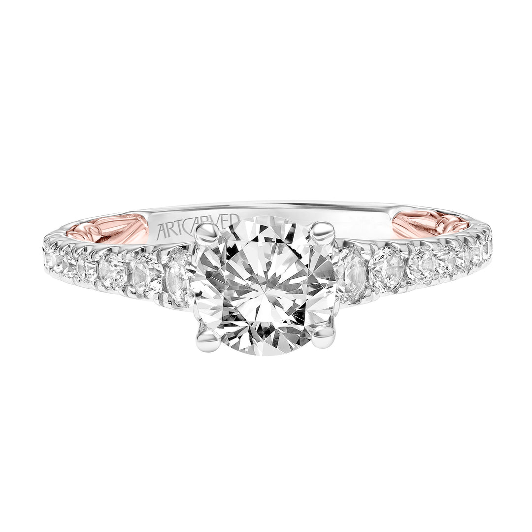 Lyric Engagement Ring with Diamond Accent basket and Inner Carved details and Graduated Diamond Shank.  Center Stone is not included.