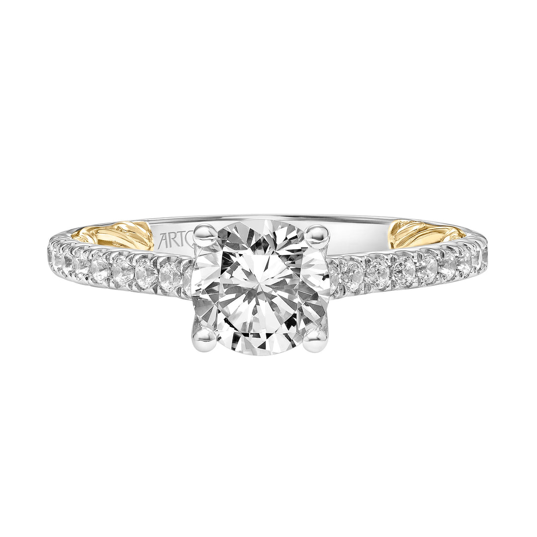 31-V912-E - ARTCARVED - Lyric Engagement Ring with Diamond Accent basket and Inner Carved details and Graduated Diamond Shank