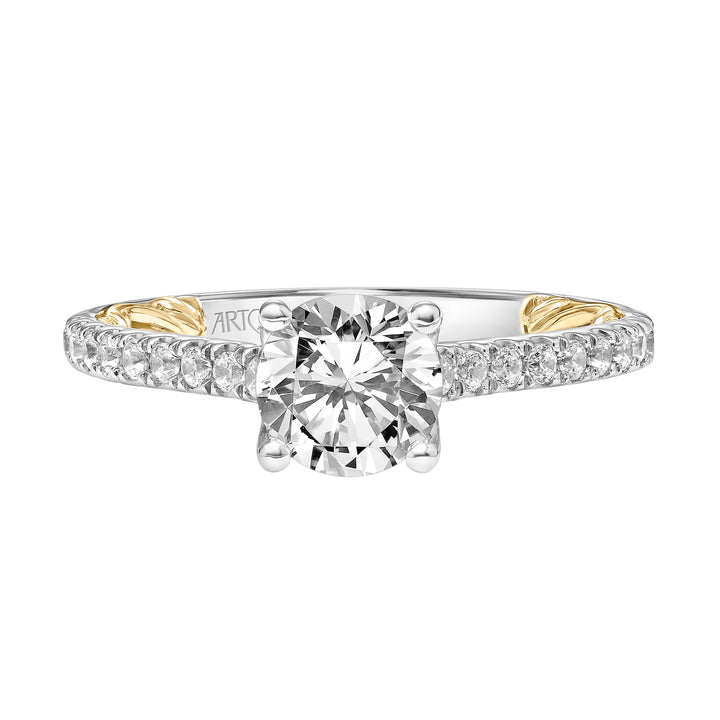 31-V912-E - ARTCARVED - Lyric Engagement Ring with Diamond Accent basket and Inner Carved details and Graduated Diamond Shank