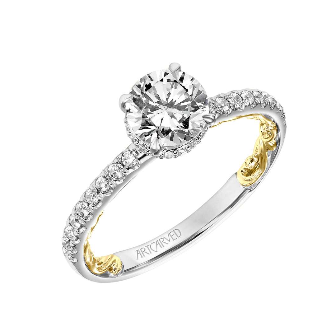 31-V913-E - ARTCARVED - Lyric Engagement Ring with Hidden Diamond Halo and Inner Carved details and Diamond Shank