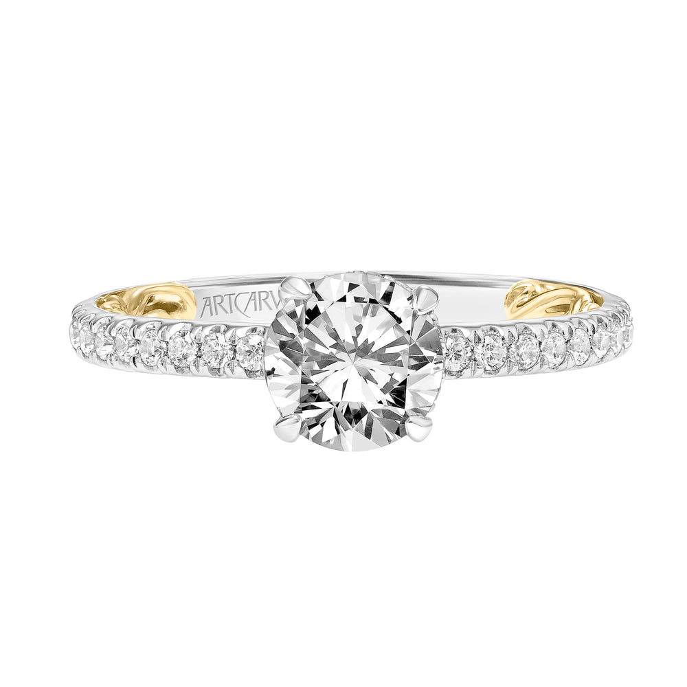 31-V913-E - ARTCARVED - Lyric Engagement Ring with Hidden Diamond Halo and Inner Carved details and Diamond Shank