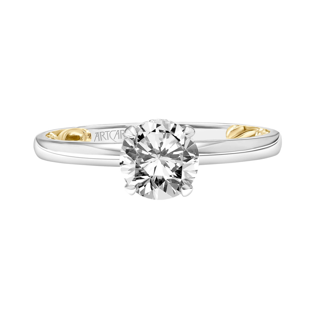 Lyric Solitaire Diamond Engagement Ring with Hidden Diamond Halo and Inner Carved details and Polished Shank