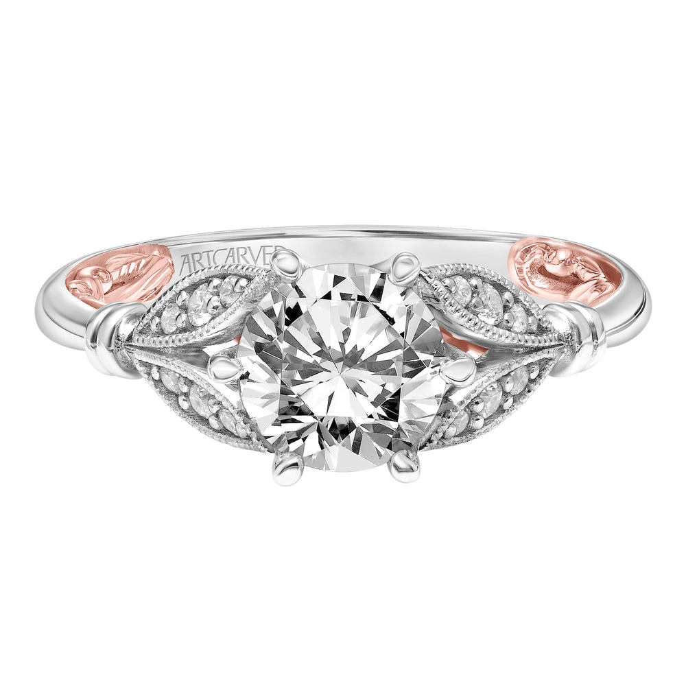 31-V916GRWR-E.01 - ARTCARVED - Lyric Engagement Ring with Six Prong Setting and Inner Carved details and Milgrian Petal Accents with Polished Shank