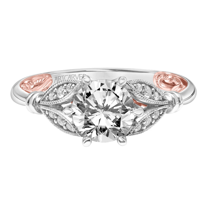 31-V916GRWR-E.01 - ARTCARVED - Lyric Engagement Ring with Six Prong Setting and Inner Carved details and Milgrian Petal Accents with Polished Shank