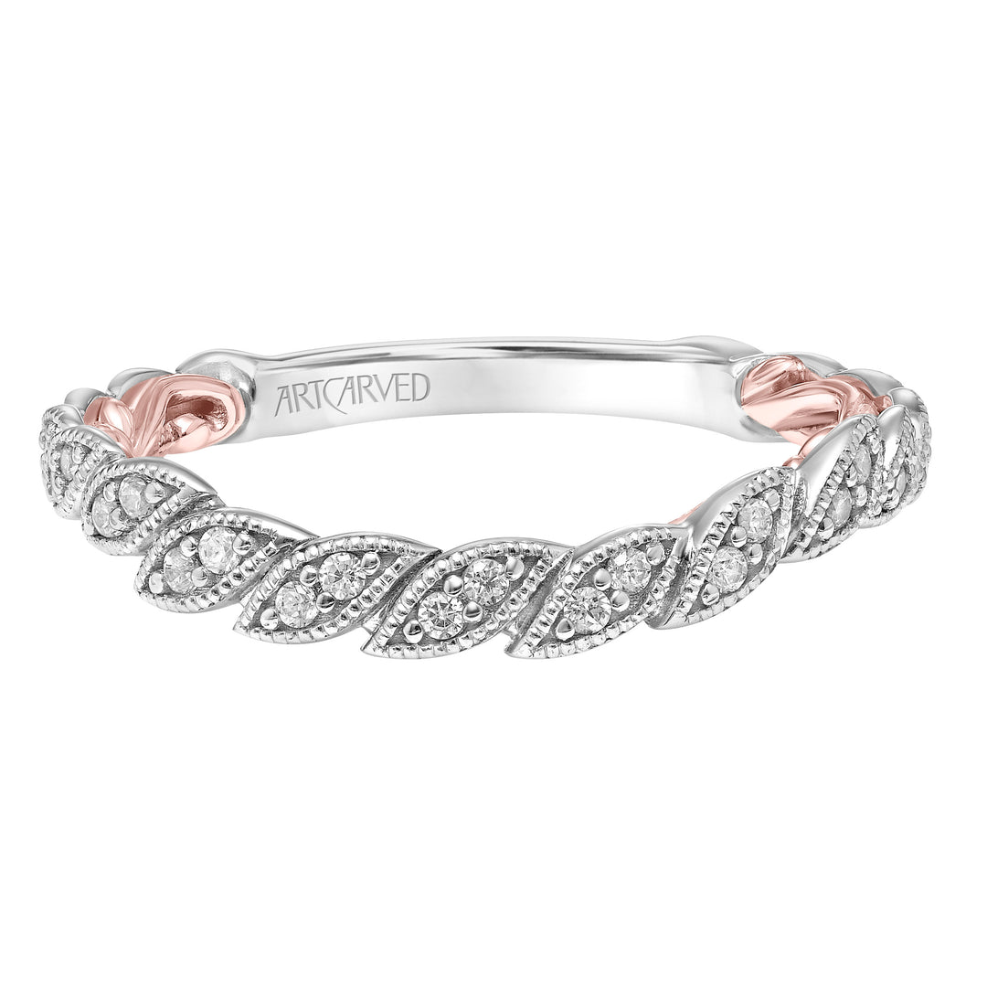 Lyric Curved Wedding Band with Milgrain Vine Motif Diamond Accents