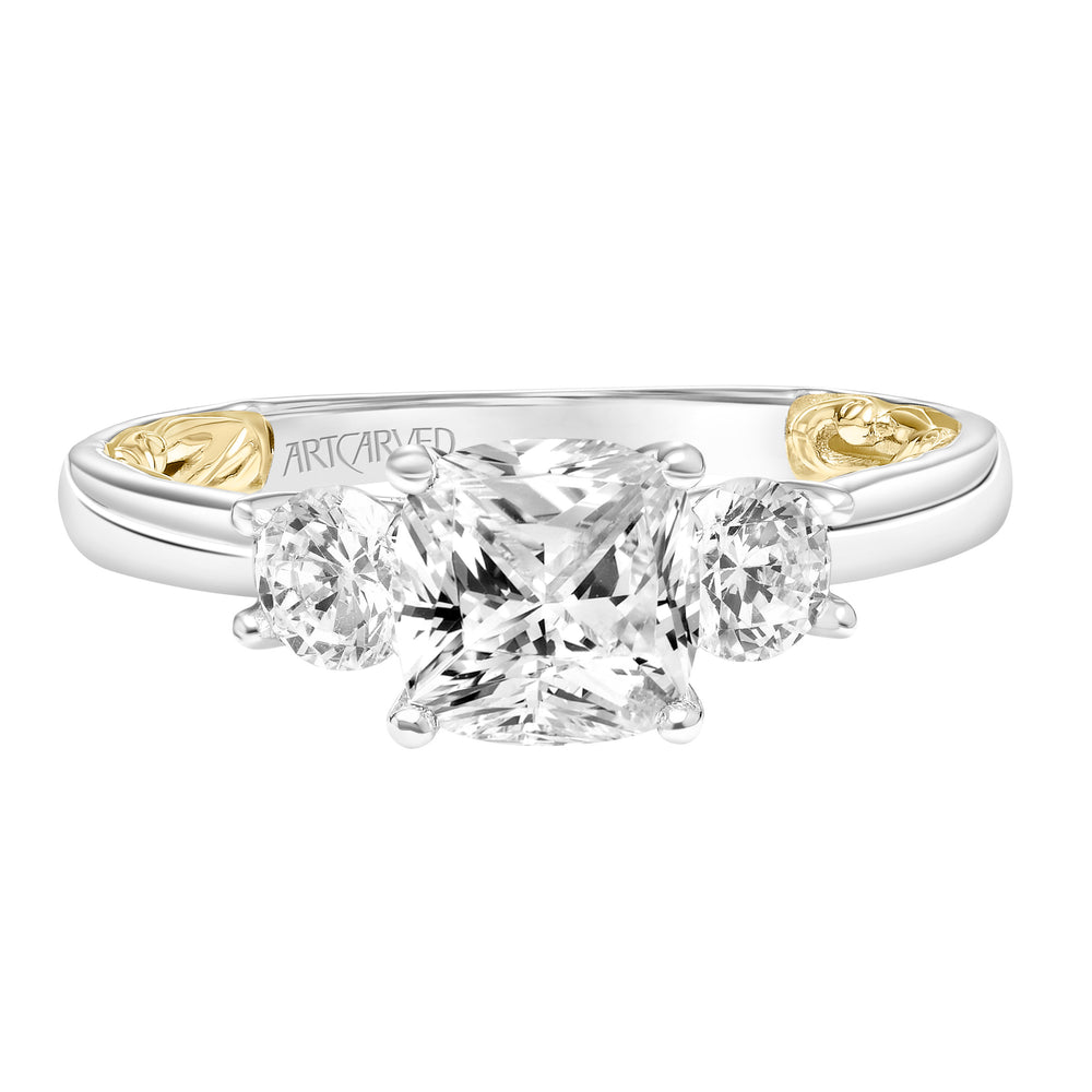 31-V917-E - ARTCARVED - Lyric 3-Stone Engagement Ring with Inner Carved details and Polished Shank