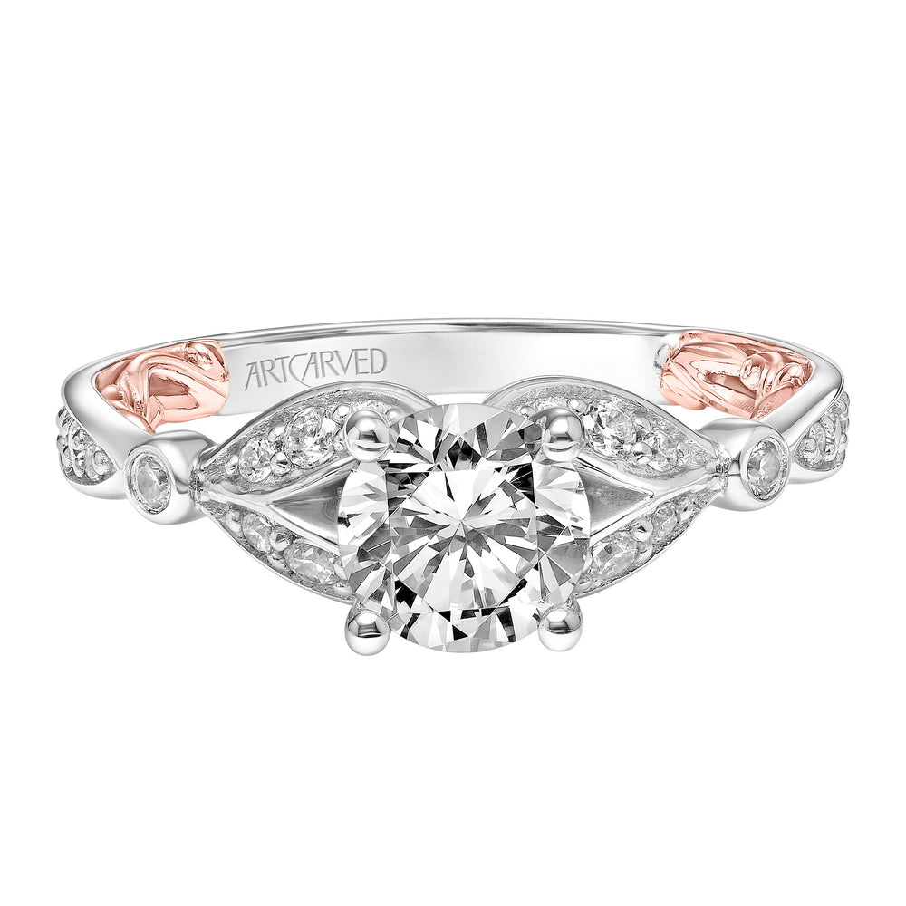 Lyric Engagement Ring with Inner Carved details and Milgrain Petal Accents and Diamond Shank