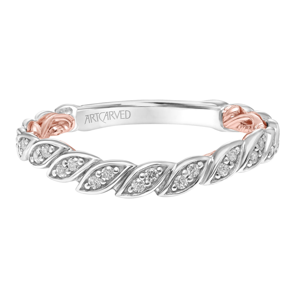 Lyric Curved Wedding Band with Milgrain Vine Motif Diamond Accents