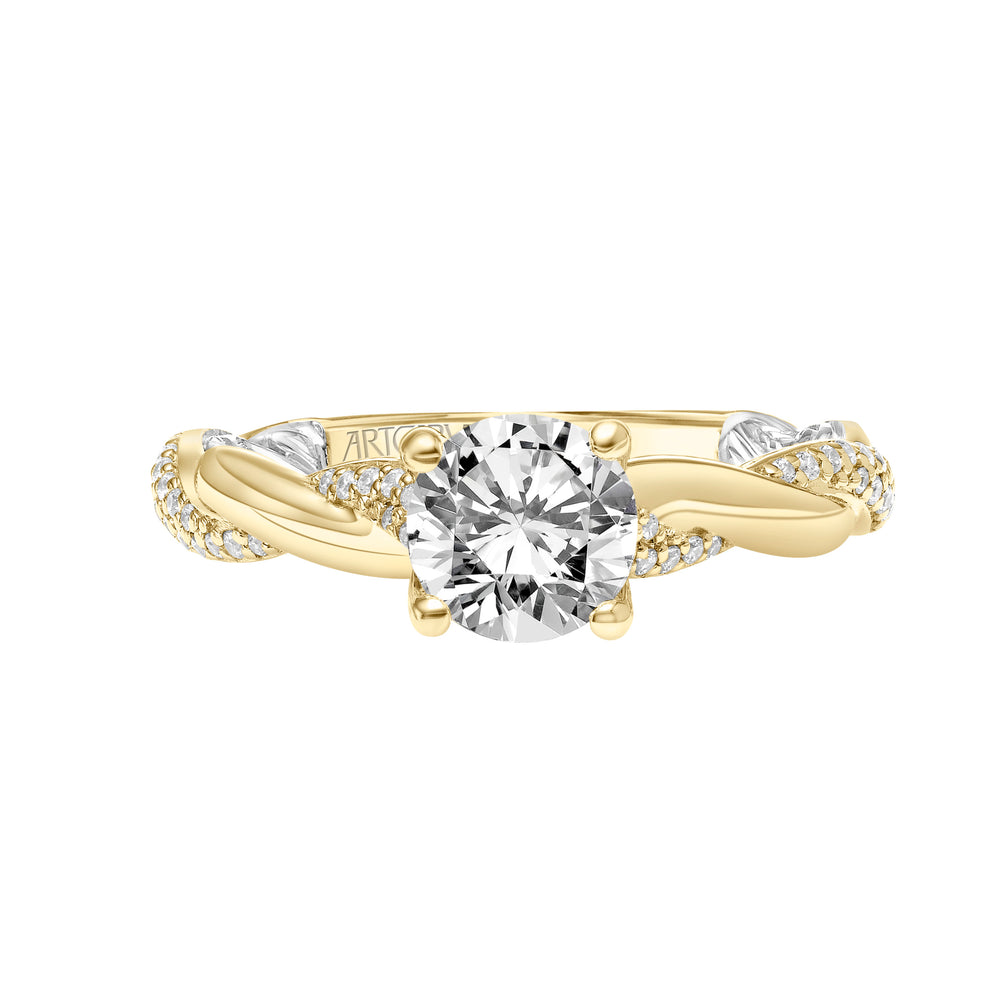 Lyric Engagement Ring with Diamond Accent basket and Inner Carved details with Alternating Diamond and Polish Twist Shank.  Center Stone is not included.