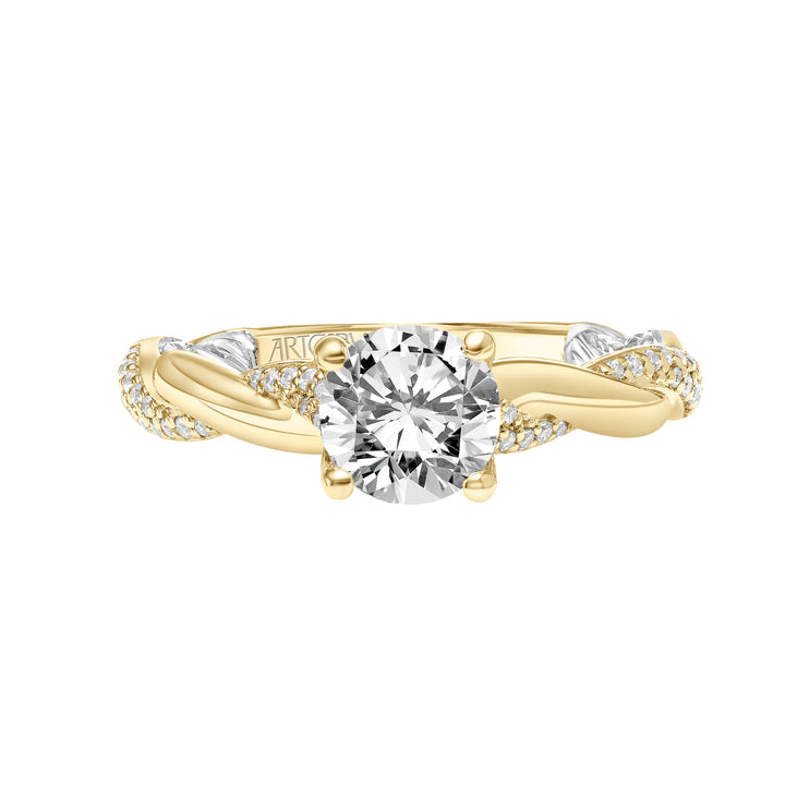 Lyric Engagement Ring with Diamond Accent basket and Inner Carved details with Alternating Diamond and Polish Twist Shank.  Center Stone is not included.