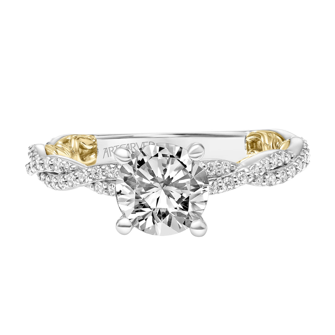 Lyric Engagement Ring with Diamond Collar and Inner Carved details and Twist Diamond Shank