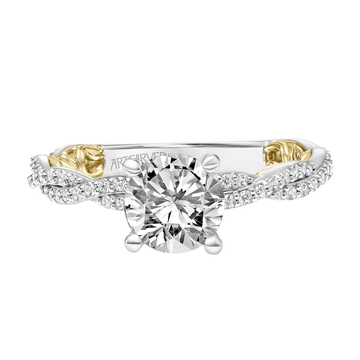 Lyric Engagement Ring with Diamond Collar and Inner Carved details and Twist Diamond Shank.  Center Stone is not included.
