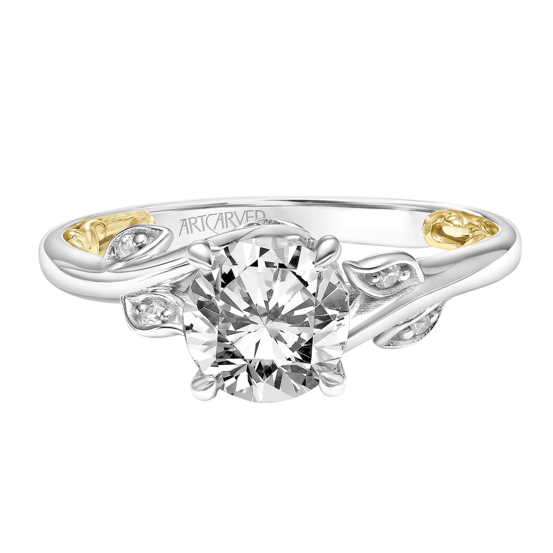 Lyric Engagement Ring with Diamond Accented Petal Gallery and Inner Carved details and Polished Shank.  Center Stone is not included.