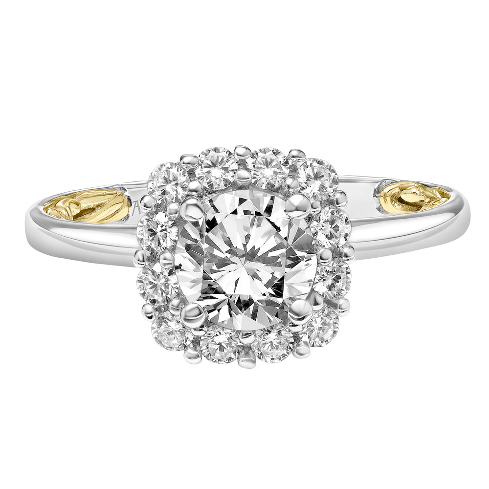 Lyric Engagement Ring with Cushion Diamond Halo and Accented Diamond Gallery with Polished Shank.  Center Stone is not included.