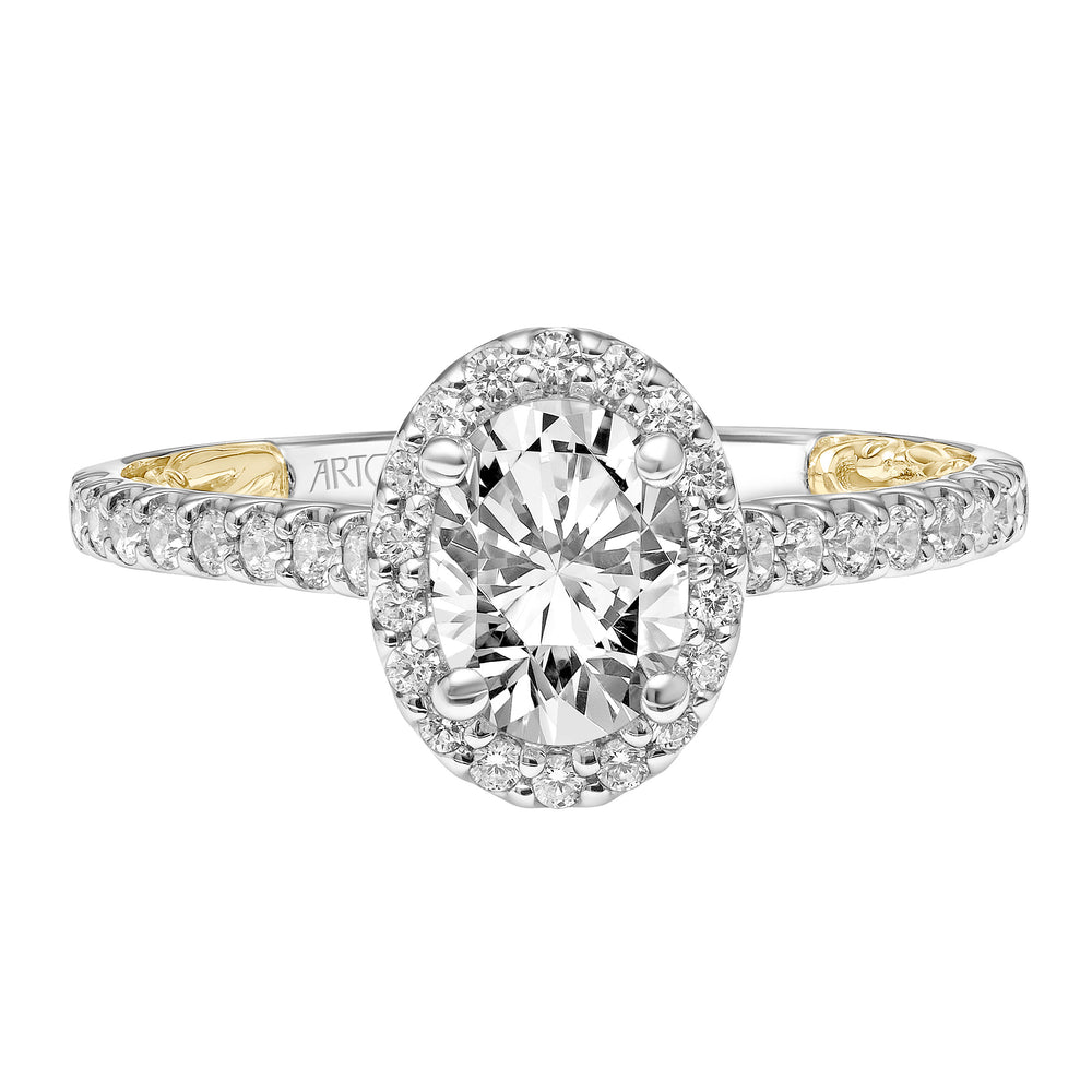 Lyric Engagement Ring with Oval Diamond Halo and Accented Diamond Gallery with Inner Carved details and Diamond Shank.  Center Stone is not included.