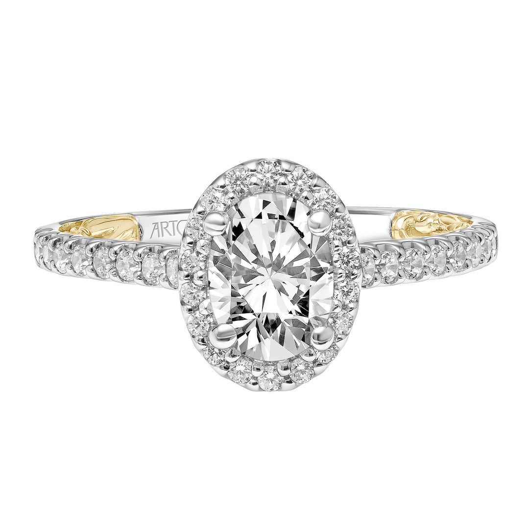 Lyric Engagement Ring with Oval Diamond Halo and Accented Diamond Gallery with Inner Carved details and Diamond Shank.  Center Stone is not included.