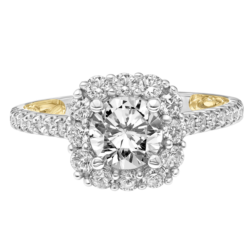 31-V930-E - ARTCARVED - Lyric Engagement Ring with Cushion Diamond Halo and Accented Diamond Gallery with Diamond Shank