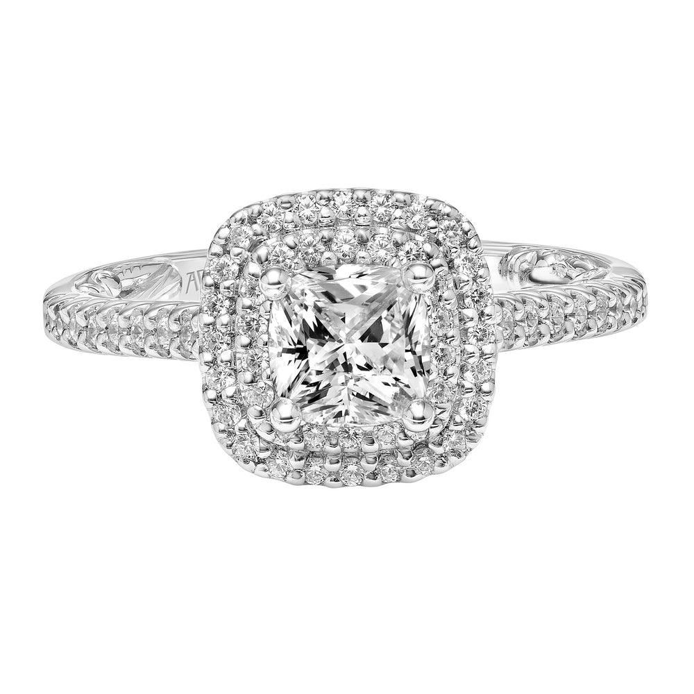 31-V931-E - ARTCARVED - Lyric Engagement Ring with Cushion Double Diamond Halo and Accented Diamond Gallery with Diamond Shank